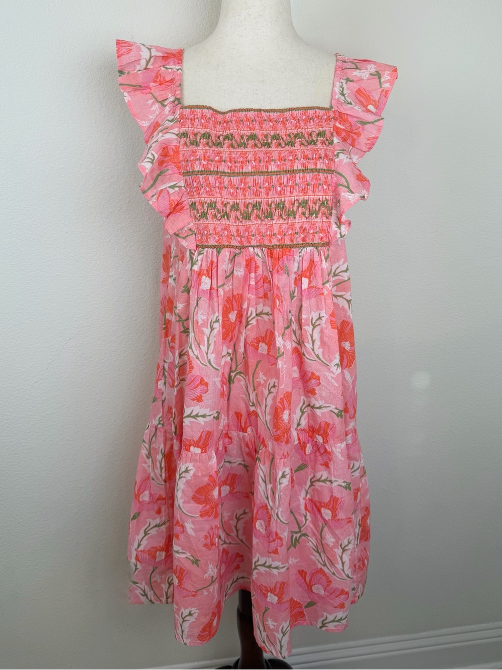 Bindu Pink Floral Smocked Sleeveless Cotton Mini Dress